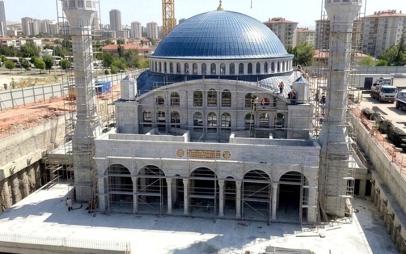 Ana kubbe ve çift minare inşaatı — Hacı İbrahim Demir Külliyesi